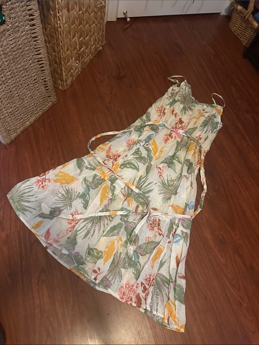 Gap Floral Tropical Print Sundress w pockets & waist tie linen/cotton blend
